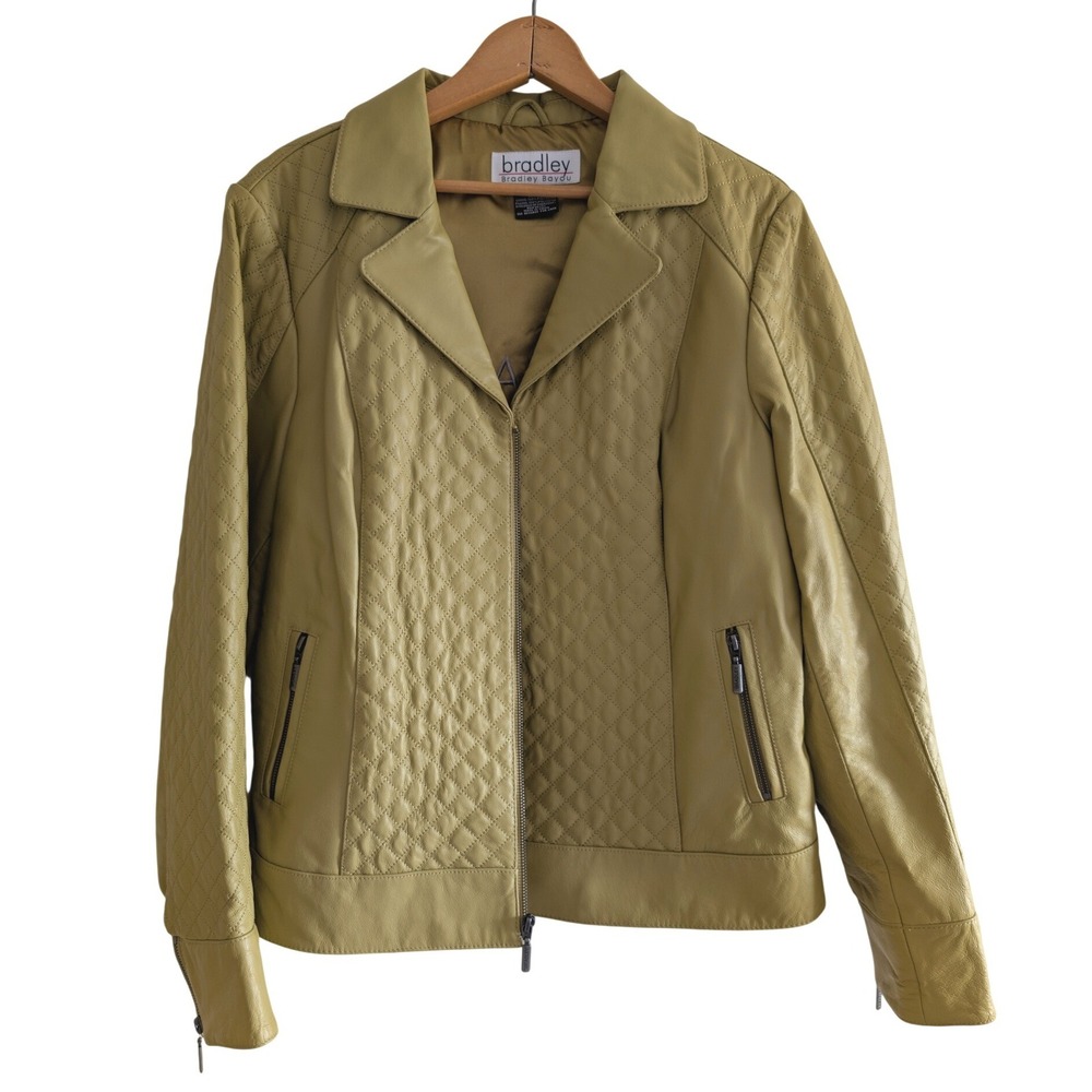 Bradley Bayou Womens Genuine Leather Quilted Moto Jacket Green Size L